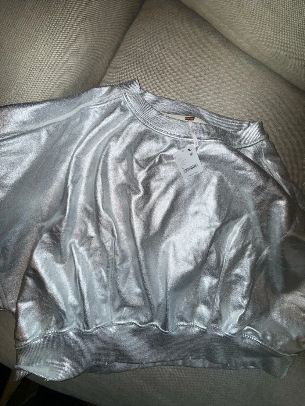Free People Silver Metallic Oversized Pullover Sweatshirt (NWT)